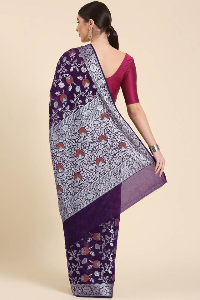 Purple Silk Blend Floral Saree