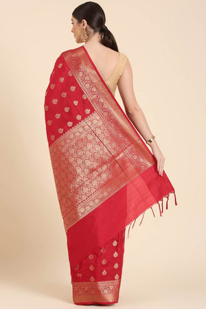 Red Silk Blend Self-Design Saree