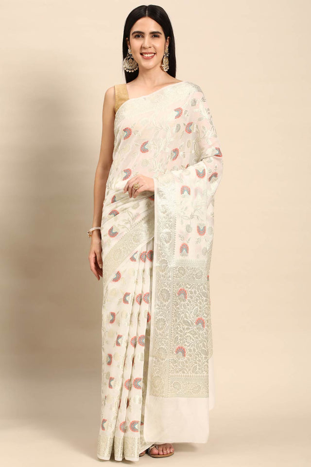 White Chiffon Block Saree