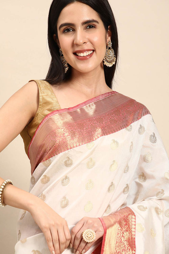 White Art Silk Block Saree