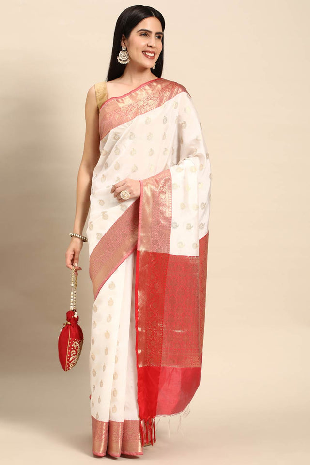 White Art Silk Block Saree