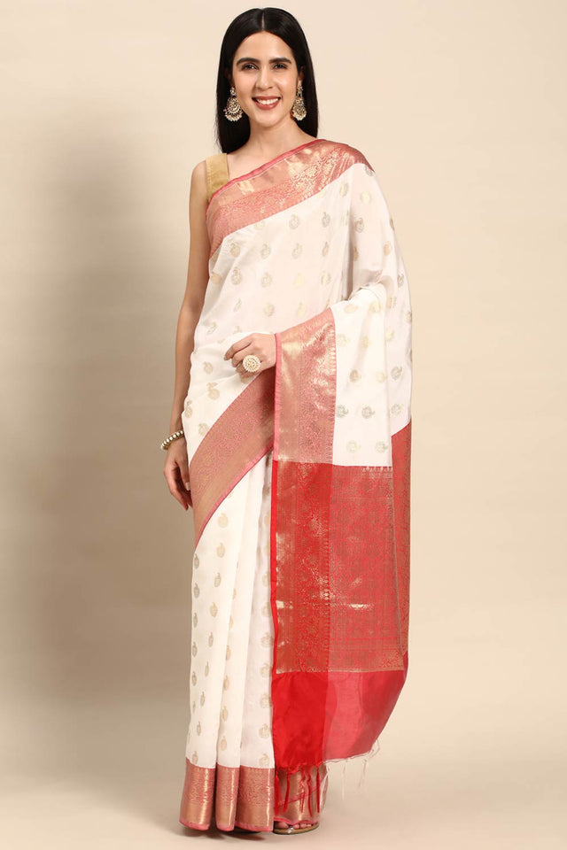 White Art Silk Block Saree