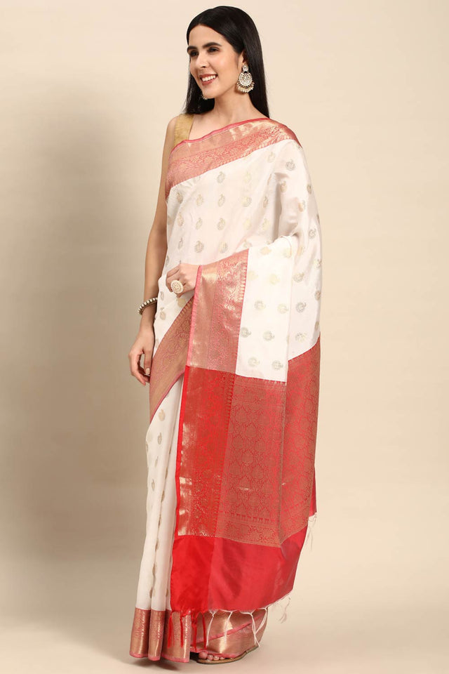 White Art Silk Block Saree