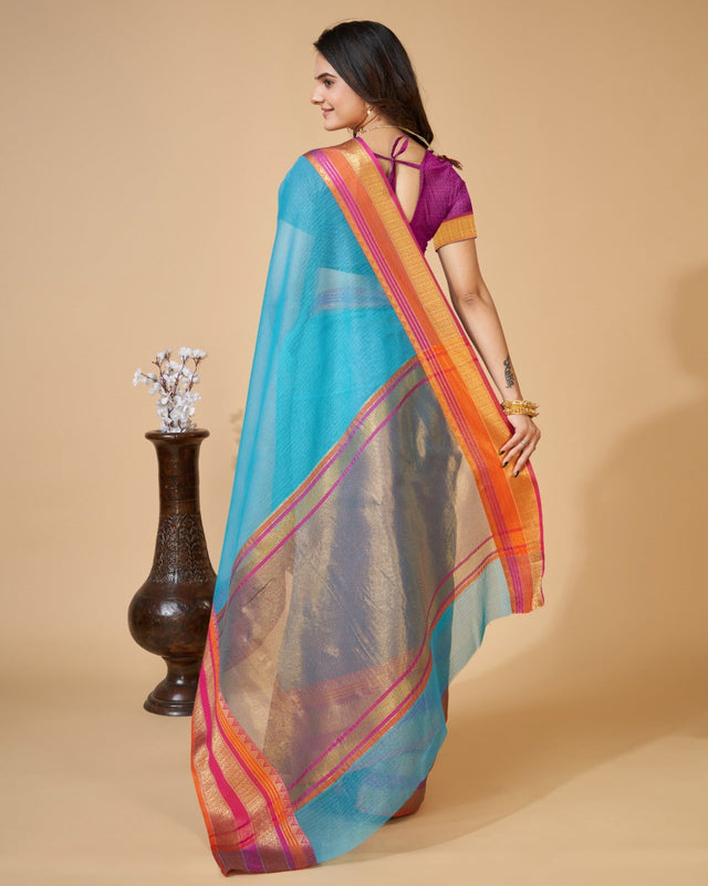 Sky Blue Semi Cotton Doriya Saree