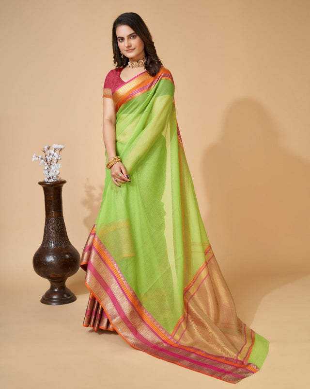 Parrot Green Semi Cotton Doriya Saree