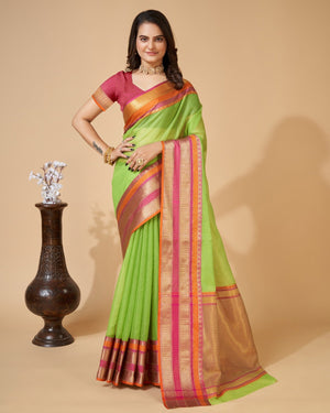 Parrot Green Semi Cotton Doriya Saree