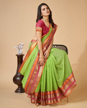 Parrot Green Semi Cotton Doriya Saree