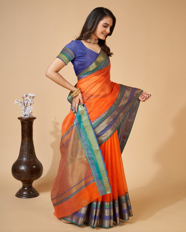 Orange Semi Cotton Doriya Saree