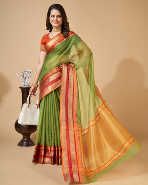 Green Semi Cotton Doriya Saree