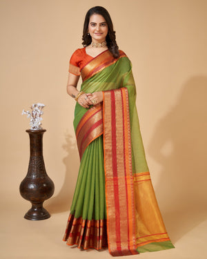 Green Semi Cotton Doriya Saree