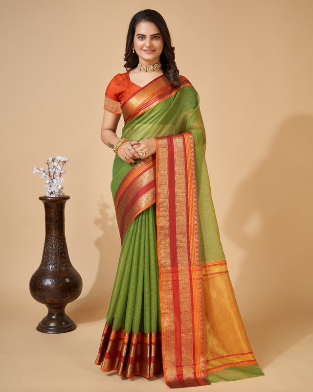 Green Semi Cotton Doriya Saree