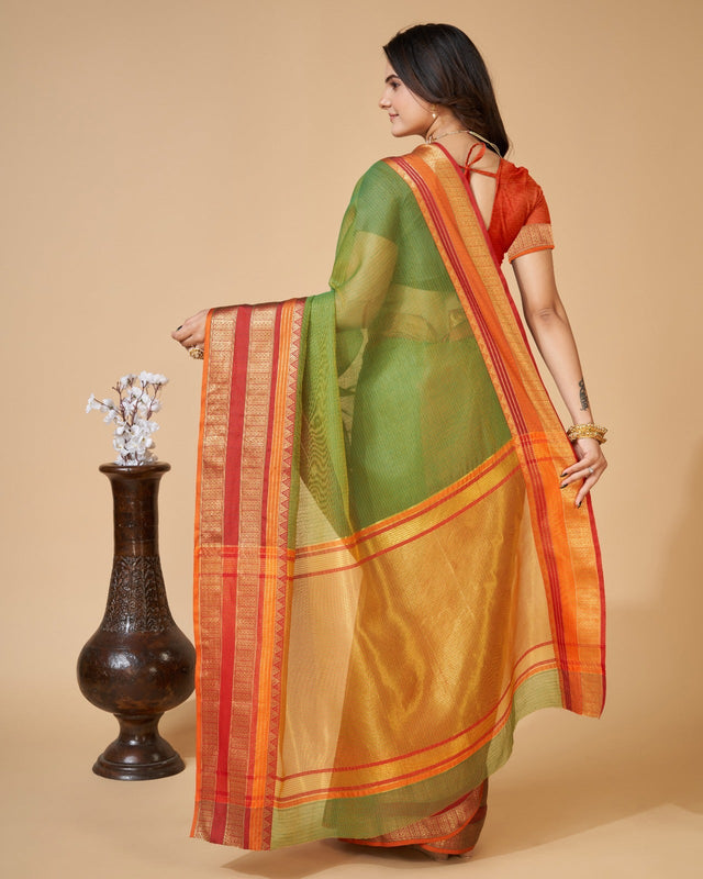 Green Semi Cotton Doriya Saree