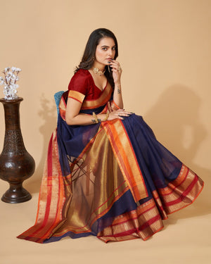 Blue Semi Cotton Doriya Saree