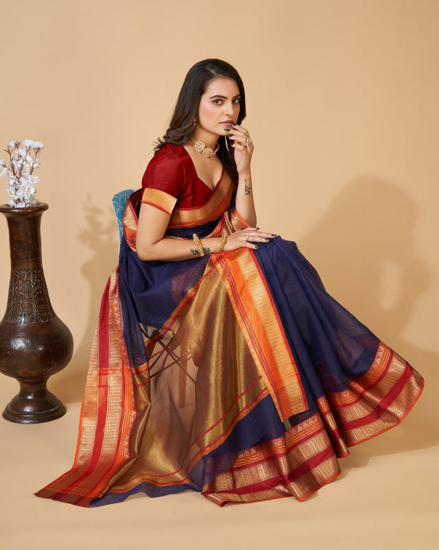 Blue Semi Cotton Doriya Saree