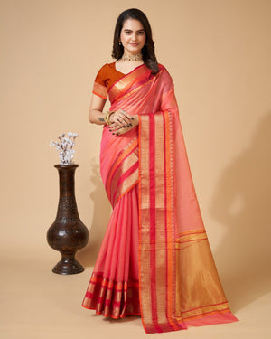 Pink Semi Cotton Doriya Saree