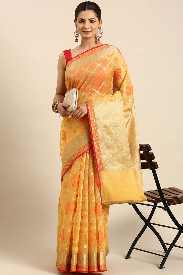Yellow Art Silk Block Saree