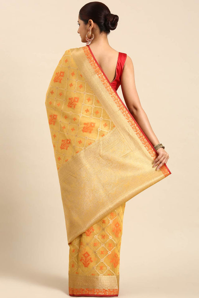 Yellow Art Silk Block Saree