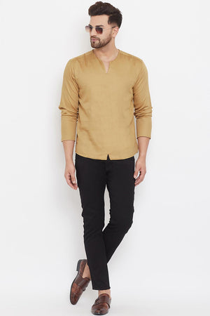 Buy Men's Blended Cotton Solid Short Kurta in Beige - Back