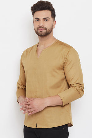 Buy Men's Blended Cotton Solid Short Kurta in Beige - Front