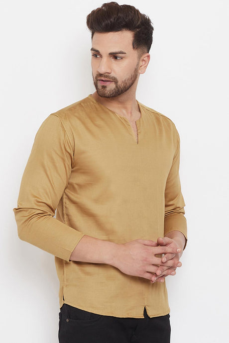 Buy Men's Blended Cotton Solid Short Kurta in Beige - Side