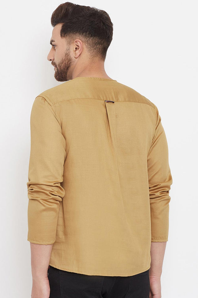 Buy Men's Blended Cotton Solid Short Kurta in Beige - Zoom In
