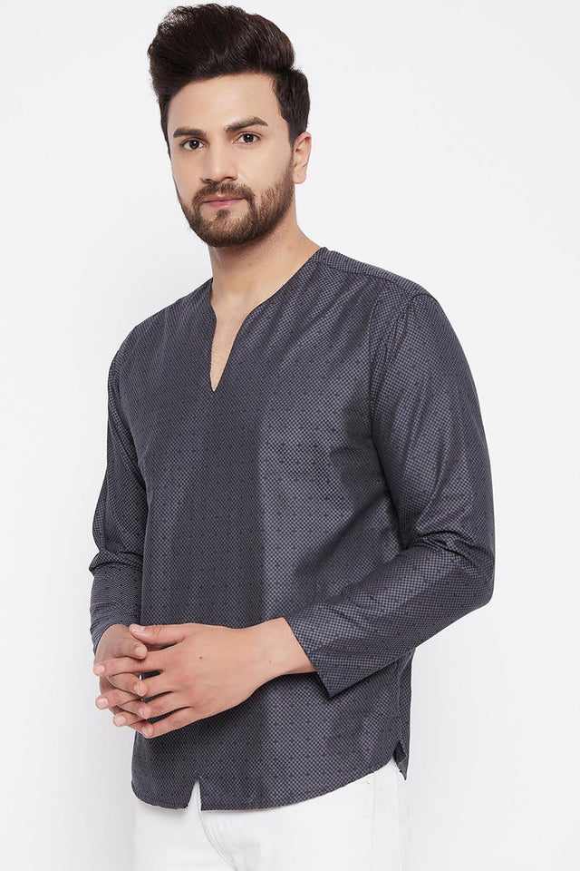 Buy Blended Cotton Woven Kurta in Grey Online - Front