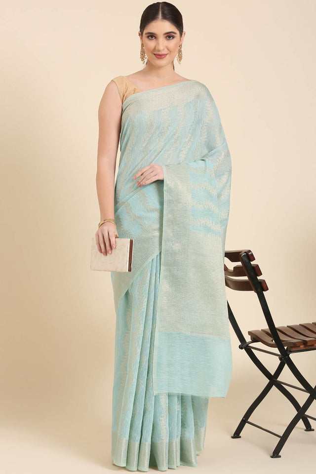 Blue Silk Blend Leaf Saree