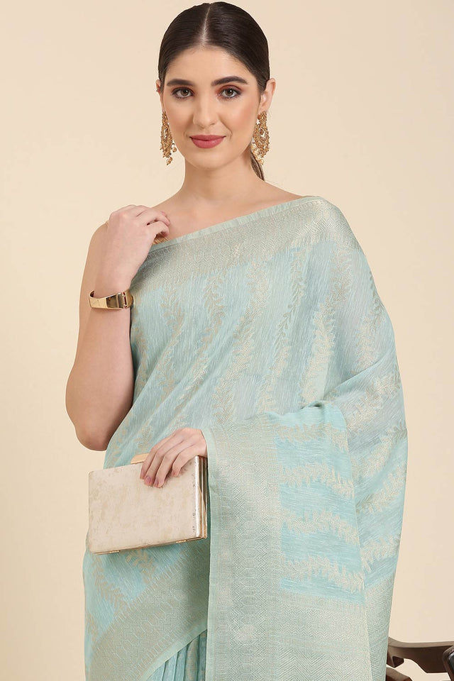 Blue Silk Blend Leaf Saree
