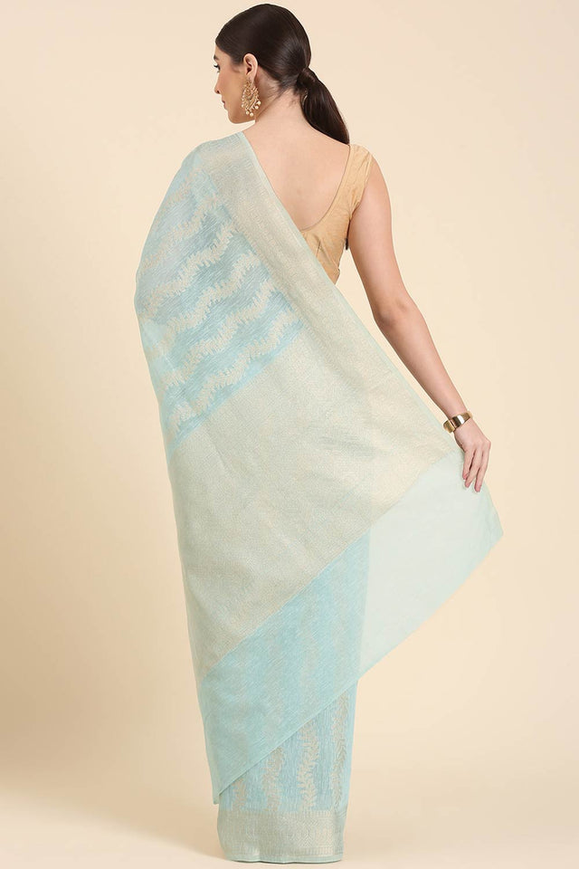 Blue Silk Blend Leaf Saree