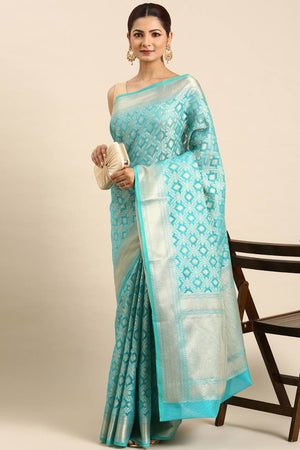 Blue Art Silk Block Saree