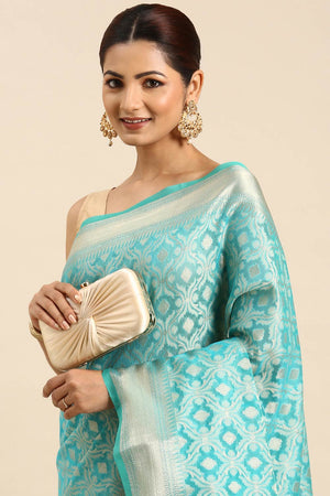 Blue Art Silk Block Saree