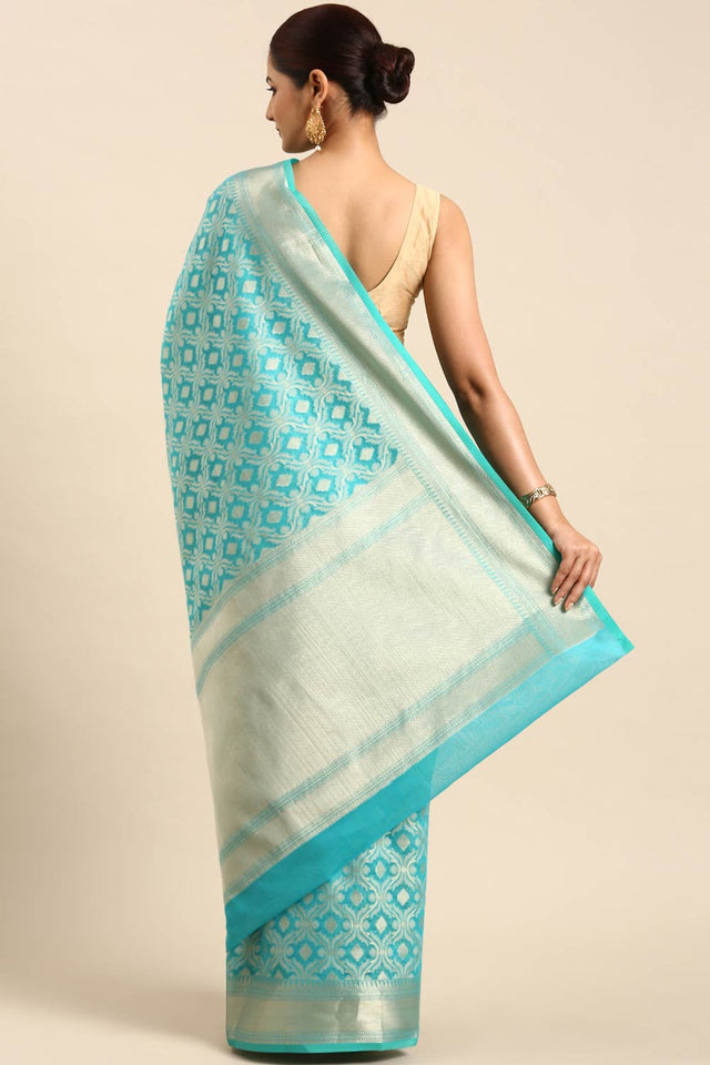 Blue Art Silk Block Saree
