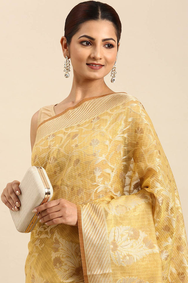 Yellow Art Silk Block Saree