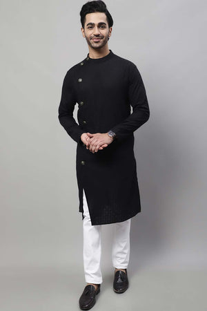 Buy Men's Black Cotton Self Design Long Kurta Top Online
