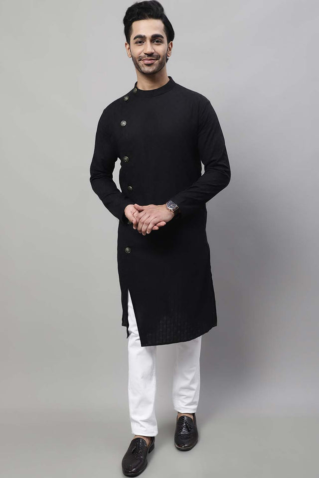 Buy Men's Black Cotton Self Design Long Kurta Top Online
