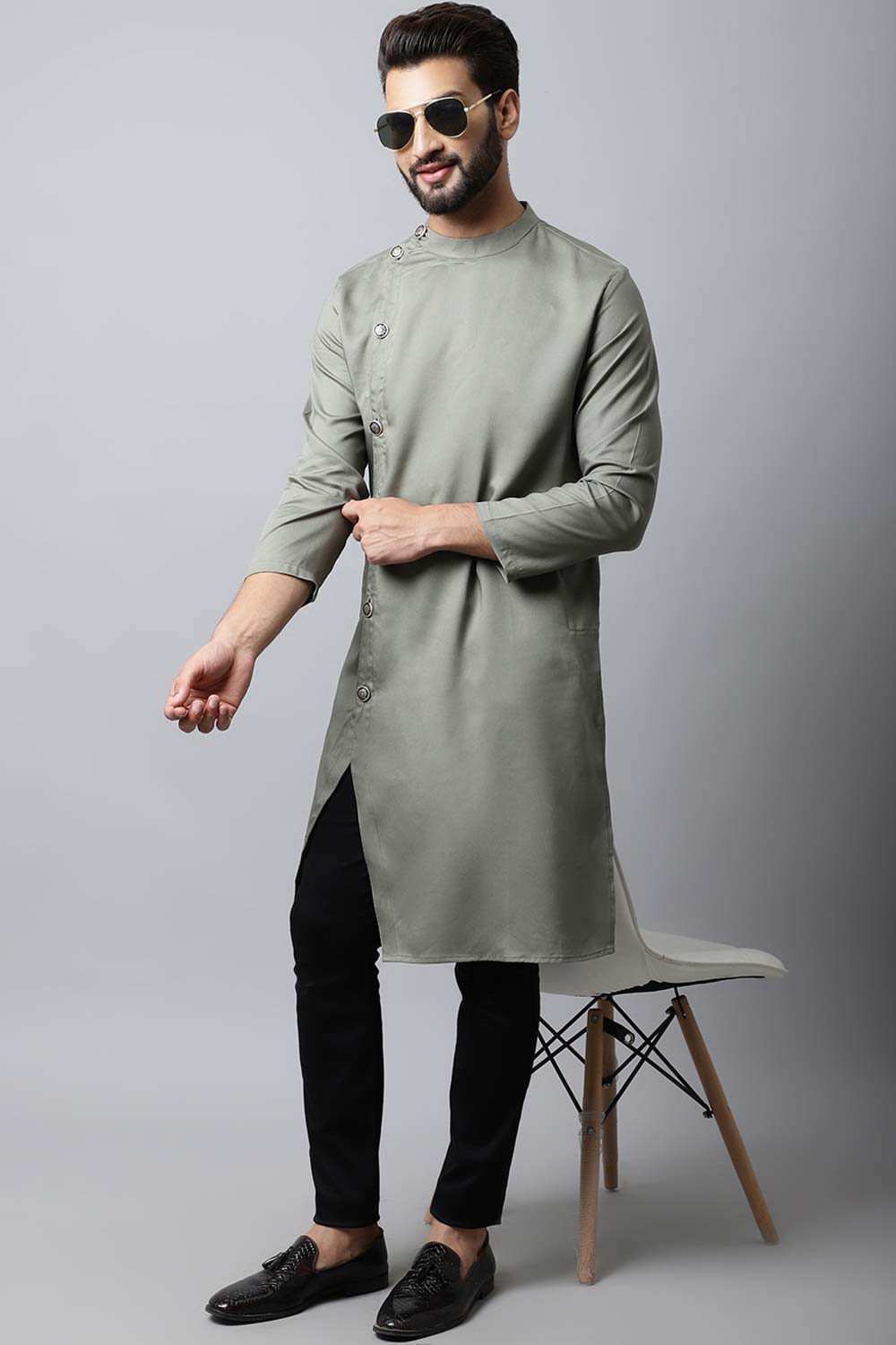 Men's Light Green Solid Full Sleeve Long Kurta Top