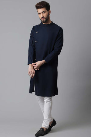Buy Men's Blue Cotton Solid Long Kurta Online - KARMAPLACE