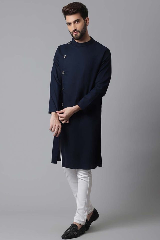 Buy Men's Blue Cotton Solid Long Kurta Online - KARMAPLACE