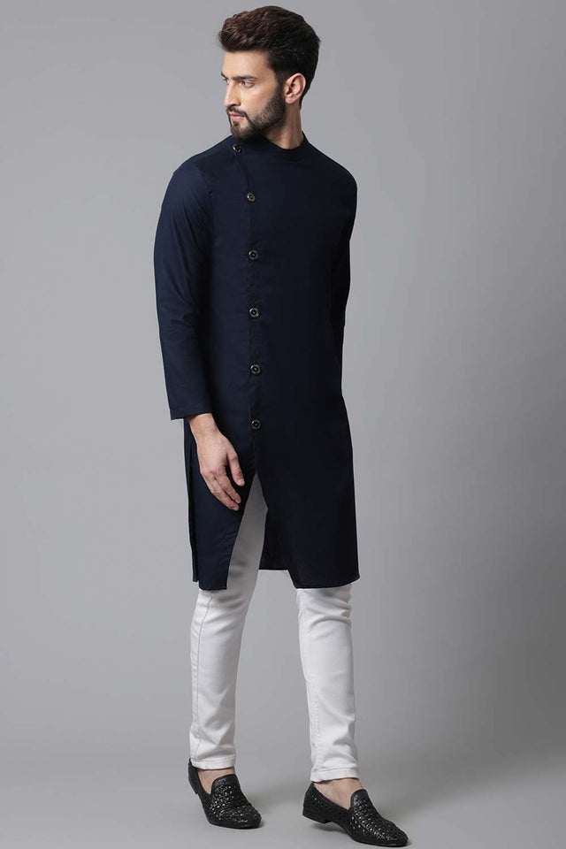 Buy Men's Blue Cotton Solid Long Kurta Online - KARMAPLACE