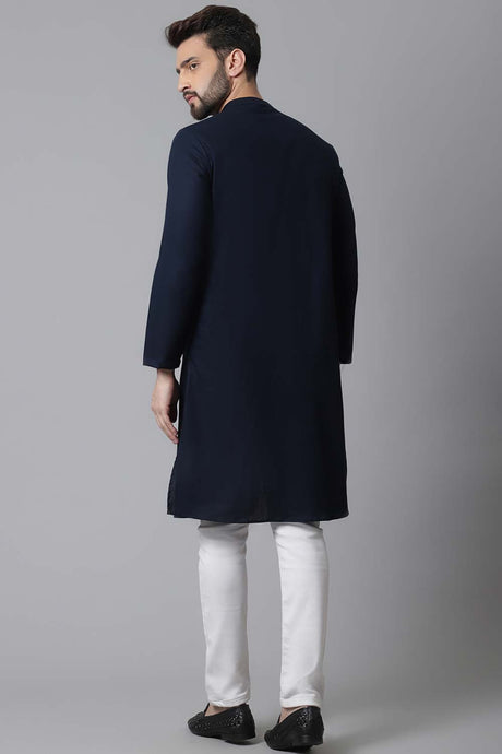 Buy Men's Blue Cotton Solid Long Kurta Online - KARMAPLACE
