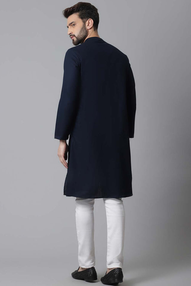 Buy Men's Blue Cotton Solid Long Kurta Online - KARMAPLACE