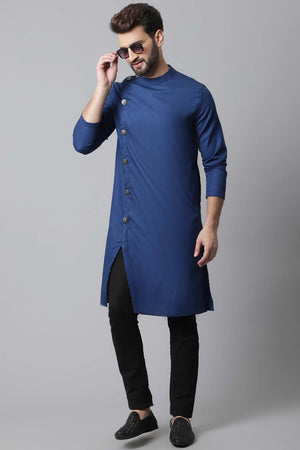 Buy Men's Blue Cotton Solid Long Kurta Online - KARMAPLACE