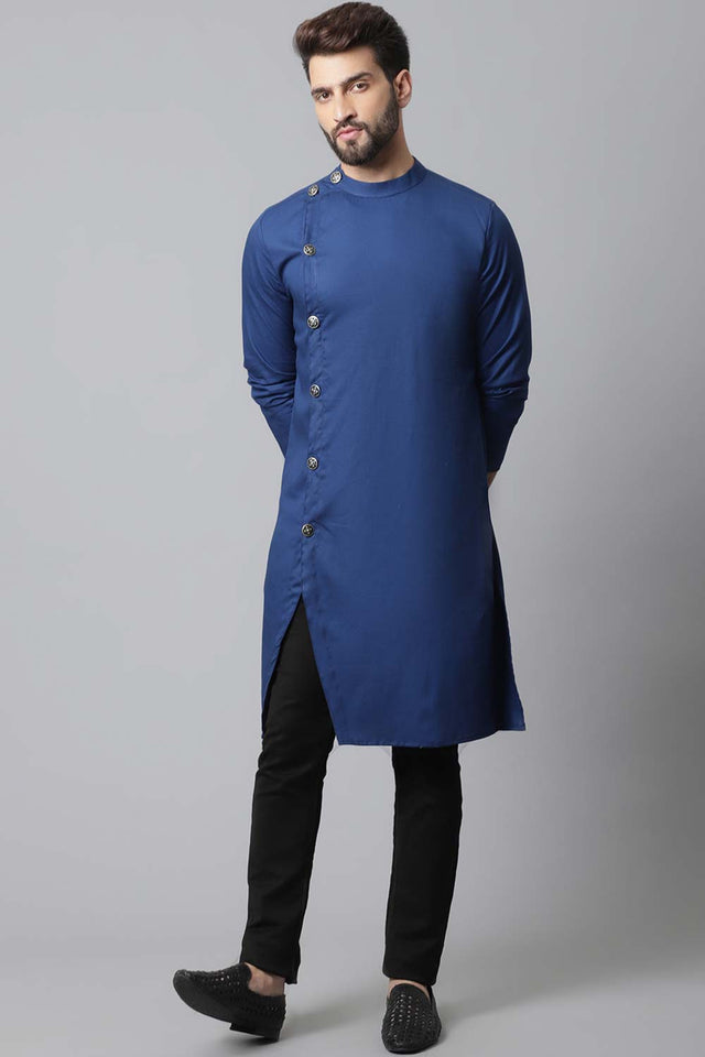 Buy Men's Blue Cotton Solid Long Kurta Online - KARMAPLACE