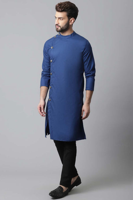 Buy Men's Blue Cotton Solid Long Kurta Online - KARMAPLACE