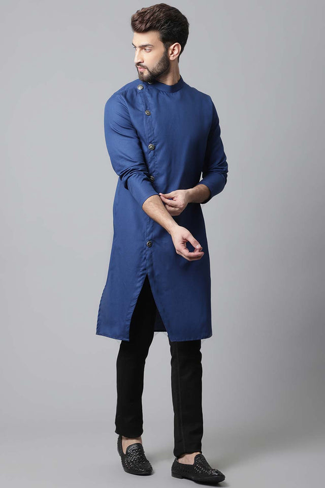 Buy Men's Blue Cotton Solid Long Kurta Online - KARMAPLACE