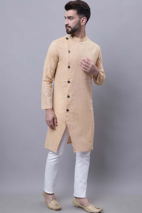 Buy Men's Beige Cotton Self Design Long Kurta Top Online - Front