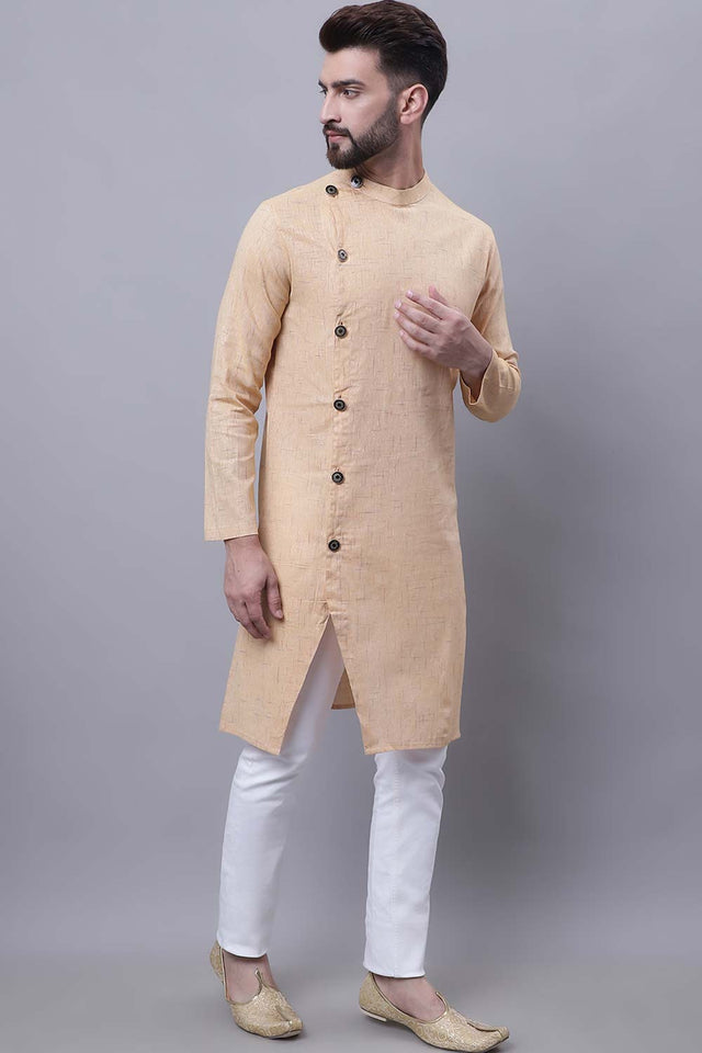 Buy Men's Beige Cotton Self Design Long Kurta Top Online - Front