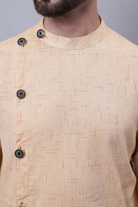 Buy Men's Beige Cotton Self Design Long Kurta Top Online - Zoom In