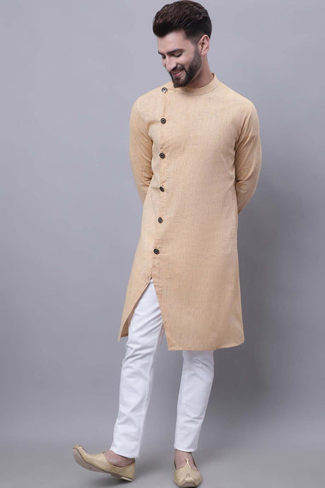 Buy Men's Beige Cotton Self Design Long Kurta Top Online - Zoom Out