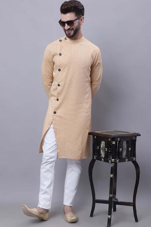 Buy Men's Beige Cotton Self Design Long Kurta Top Online